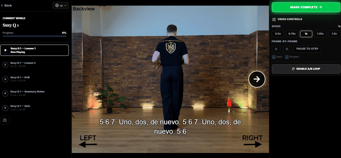 Lesson player in back view for live-class follow-along practice